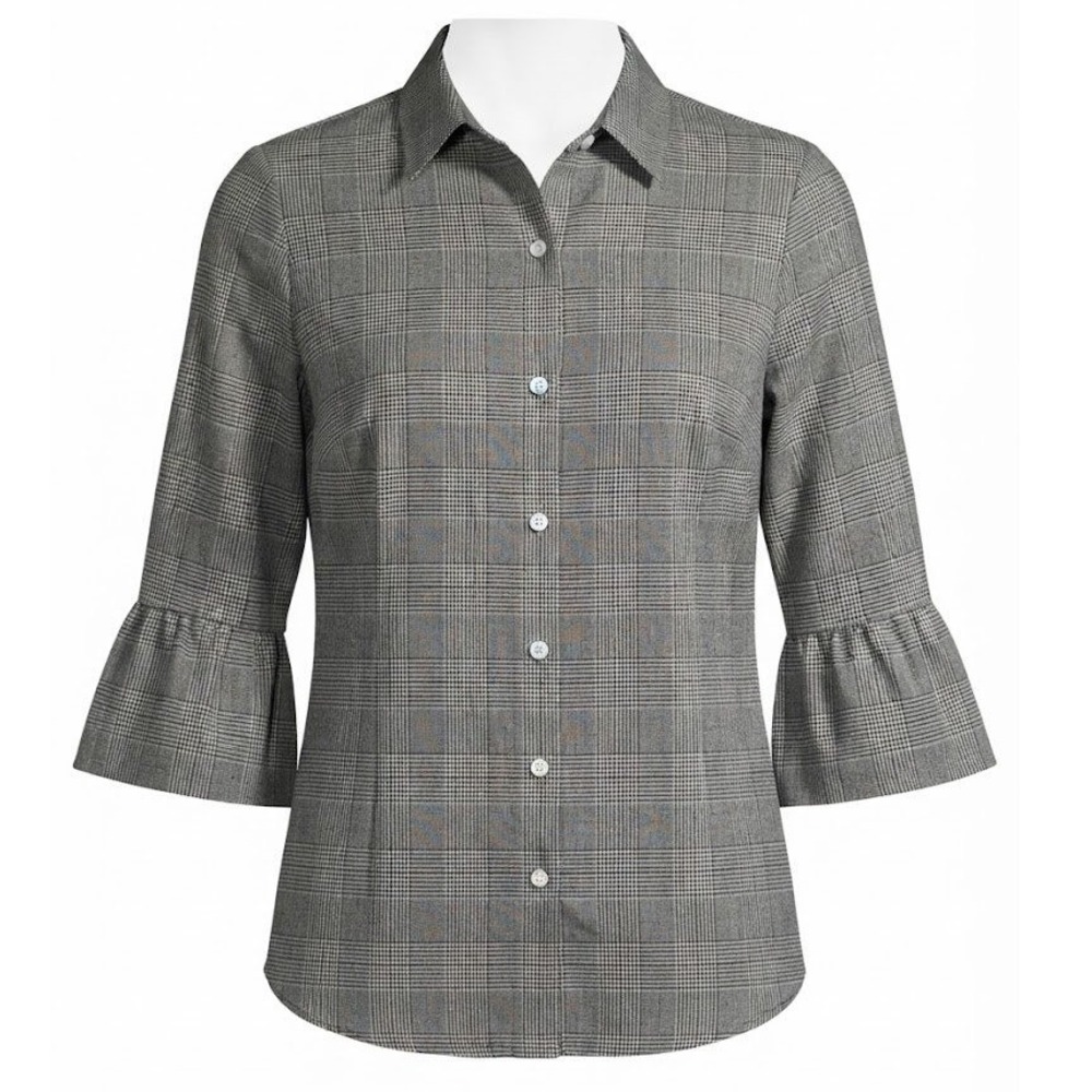 Gretchen Scott Womens S Black Plaid Ruffle Bell Sleeve Button Front Shirt - CJ